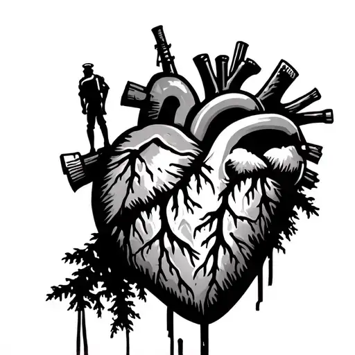 A mountain with climbers and carabine inside a real heart tattoo design idea