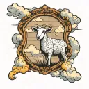 brick wall with mirror and clouds with a lamb tattoo design idea