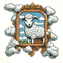 brick wall with mirror and clouds with a lamb tattoo design idea