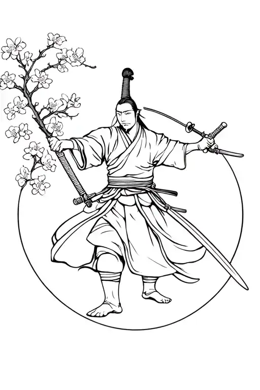 a Japanese samurai warrior wielding a sword with cherry blossoms as a fine line tattoo with a circular wave looking mini tattoo design idea