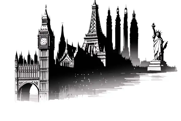outline eiffle tower Big Ben Statue of Liberty Bali pagoda tattoo design idea