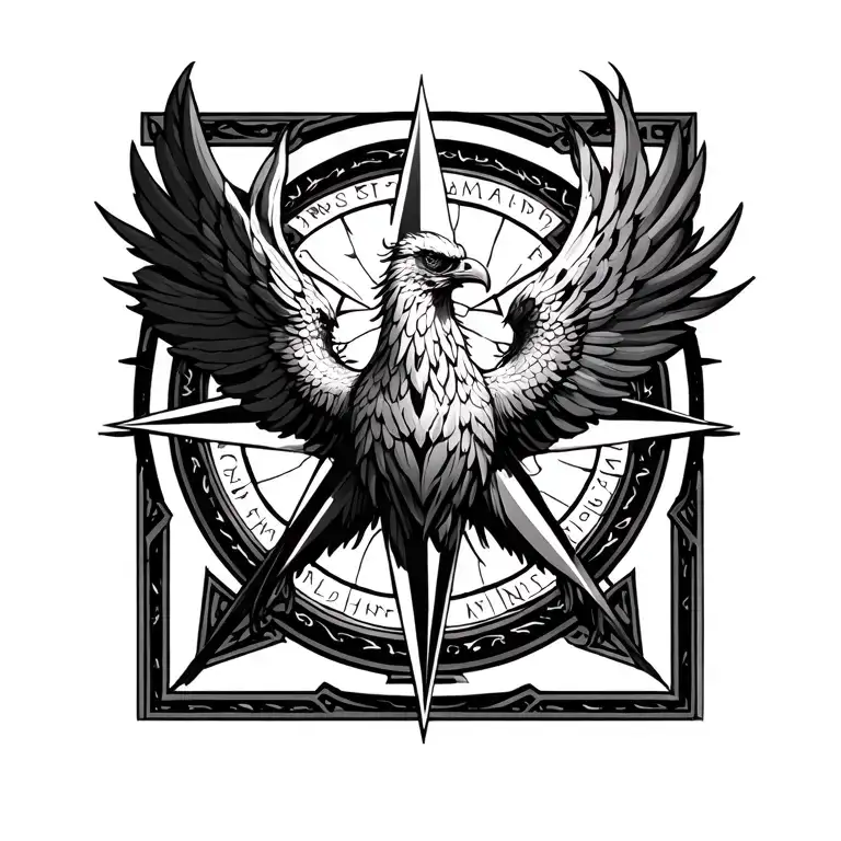 phoenix in a compass rose surrounded tattoo design idea