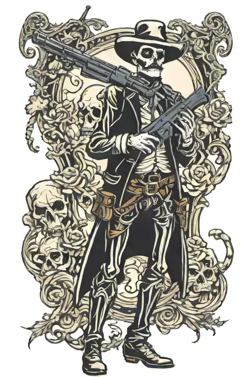 full body tall skinny skeleton western gun slinger with a mustache and one arm behind back tattoo design idea