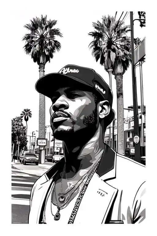 Franklin Saint in Los Angeles South street with tall palms and more details from the series. tattoo design idea