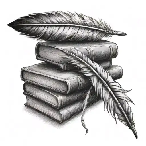 feather pen on a stack of books tattoo design idea