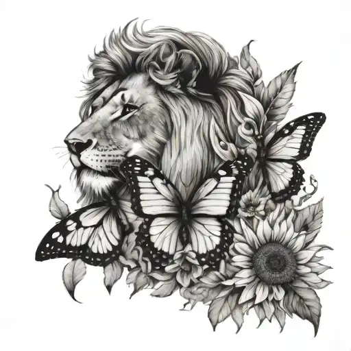 Butterfly with lion and sunflowers tattoo design idea