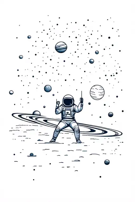 A austronaut play sabian drums in the space surrounded by planets. Saturn is in the background tattoo design idea