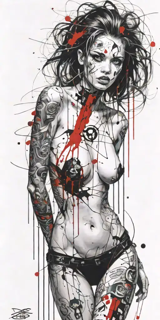 darkly alluring full nude blue eyed  girl rocking out tattoo design idea