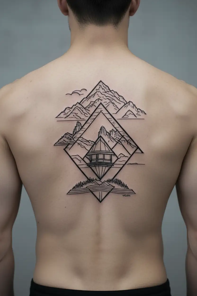 diamond with mountains and ski lift tattoo design idea