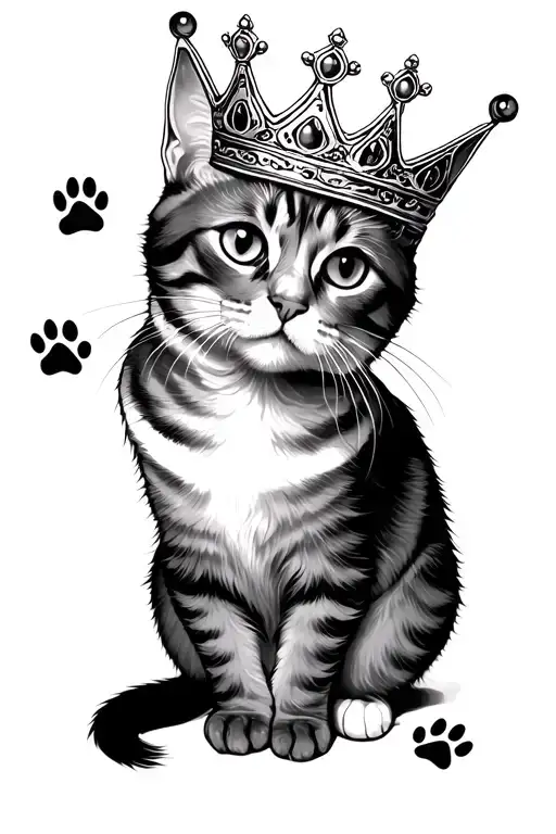 cat with crown and paw prints tattoo design idea