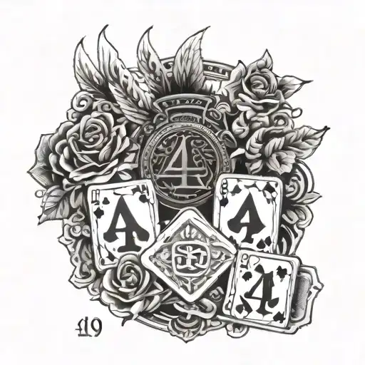 half sleeve with the 4 aces cards at the top, roman numerals and a dove bird to the side. a chinese character and a rose tattoo design idea