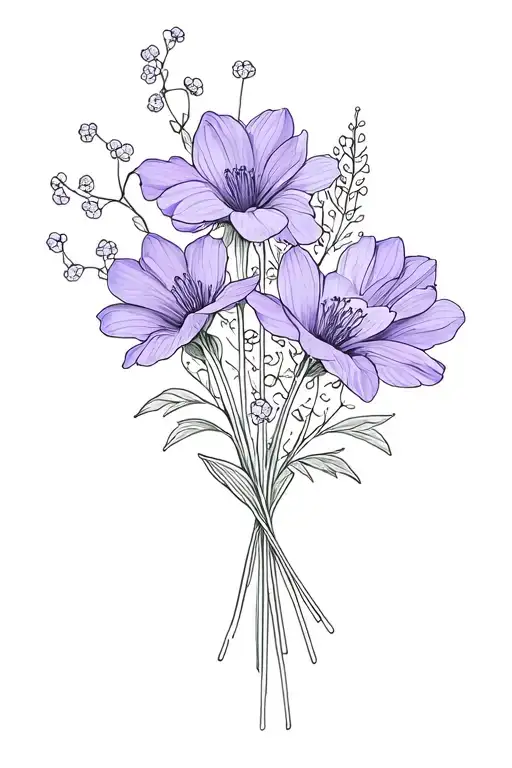 fine line bouquet tattoo featuring cardnations violet watterlilly babybreath tattoo design idea