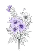 fine line bouquet tattoo featuring cardnations violet watterlilly babybreath tattoo design idea