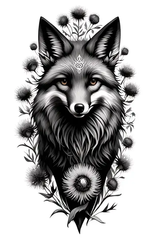 spirit fox surrounded by thistles tattoo design idea