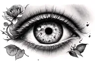 woman's eyeball with rose growing tattoo design idea