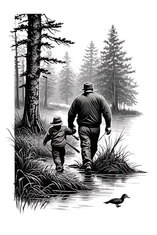 duck hunting in woods with son and dad walking tattoo design idea