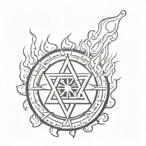 Wagon wheel  on fire on top dripping teardrops off the bottom ,Surrounded by a star of David  tattoo design idea