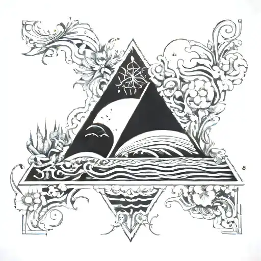 A psychedelic ocean scene with Pink Floyd's iconic prism incorporated, surrounded by intricate plant and flower designs tattoo design idea