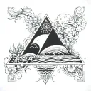 A psychedelic ocean scene with Pink Floyd's iconic prism incorporated, surrounded by intricate plant and flower designs tattoo design idea