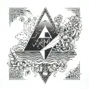 A psychedelic ocean scene with Pink Floyd's iconic prism incorporated, surrounded by intricate plant and flower designs tattoo design idea