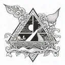 A psychedelic ocean scene with Pink Floyd's iconic prism incorporated, surrounded by intricate plant and flower designs tattoo design idea