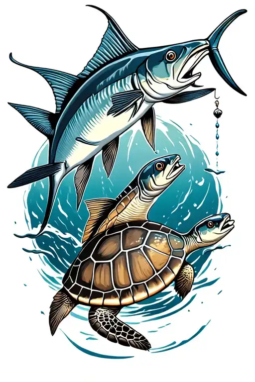 sailfish jumping eating bait fish with turtles all the way tattoo design idea