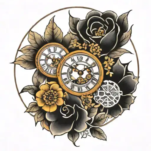 three clocks surrounded by January, April and October flowers tattoo design idea