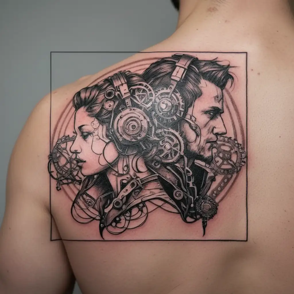 male and female touching foreheads, both wearing headphones, steampunk gears background tattoo design idea