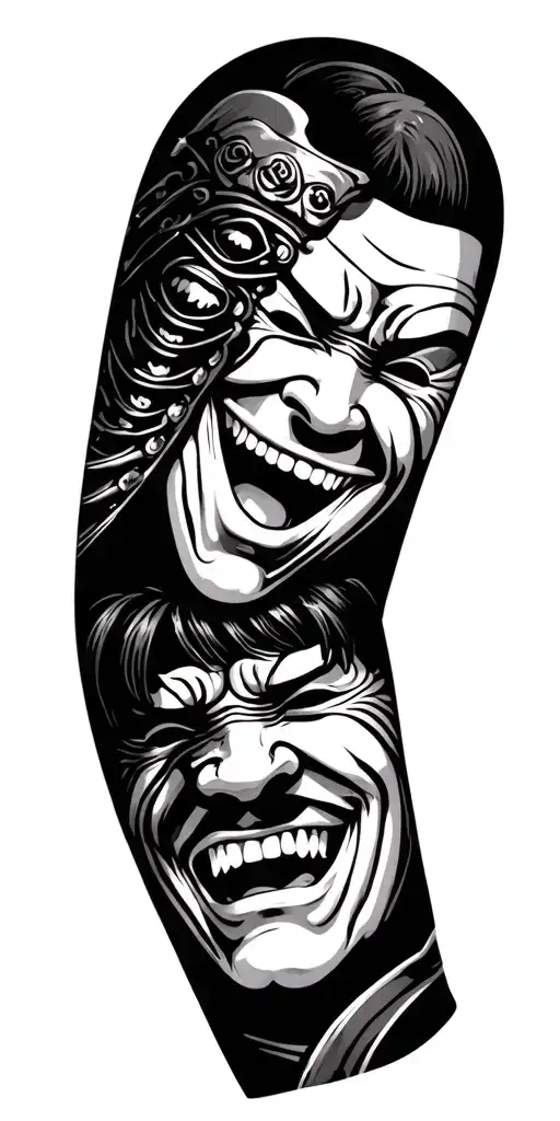 The laughing and crying masks tragedy and comedy on forearm and above them a samurai tattoo design idea