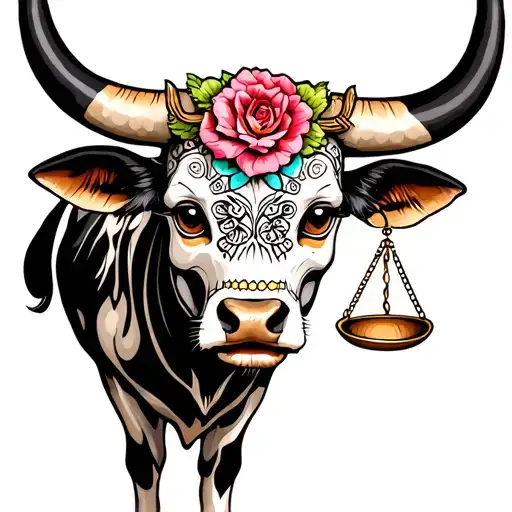 feminine bull with sugar skull markings, brown eyes and two Libra scales and dark background tattoo design idea