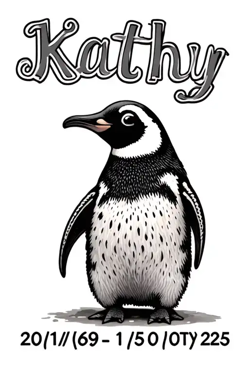 "Kathy 20/11/69-15/07/25" penguin tattoo design idea
