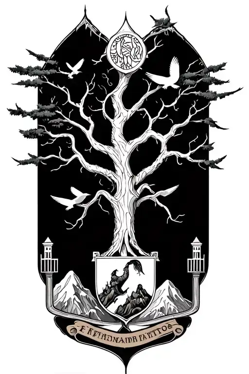 a large gothic tree with a family crest and motto at the bottom with filler of mountains and birds tattoo design idea