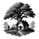 Luke 15 the prodigal son with a tree going into a house tattoo design idea