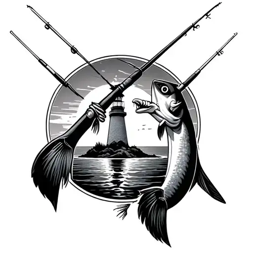 two crossing deep sea fishing rods with sunset of montauk point lighthouse behind them tattoo design idea