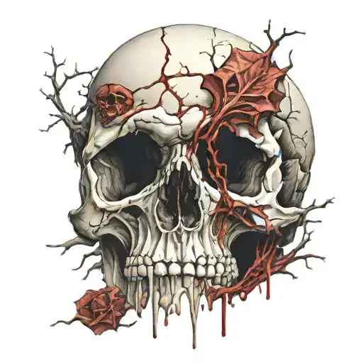 Cracked, Broken, Skull, Bloody, Missing Jawbone, Shattered, Blood covered, Spine, melting. Bloody thorns. tattoo design idea