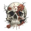 Cracked, Broken, Skull, Bloody, Missing Jawbone, Shattered, Blood covered, Spine, melting. Bloody thorns. tattoo design idea