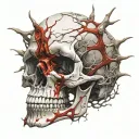 Cracked, Broken, Skull, Bloody, Missing Jawbone, Shattered, Blood covered, Spine, melting. Bloody thorns. tattoo design idea