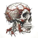 Cracked, Broken, Skull, Bloody, Missing Jawbone, Shattered, Blood covered, Spine, melting. Bloody thorns. tattoo design idea
