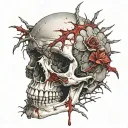 Cracked, Broken, Skull, Bloody, Missing Jawbone, Shattered, Blood covered, Spine, melting. Bloody thorns. tattoo design idea