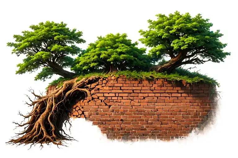 cracked stone brick wall with large tree growing from top, with roots  tattoo design idea