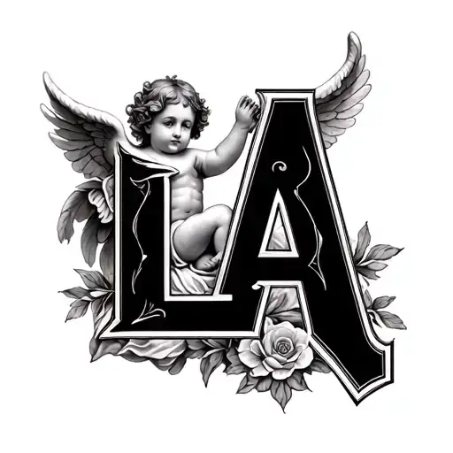 "Realistic black and white tattoo: the letters 'LA' in elegant serif or gothic font, a small cherub angel (realistic bab tattoo design idea