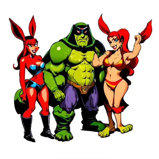 Jessica rabbit, doctor doom, dopey the dwarf, and shaggy all hanging out tattoo design idea