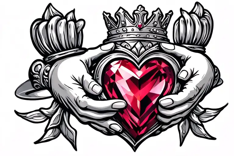 Claddagh ring with the hands holding a red gemstone heart wearing a cool crown tattoo design idea