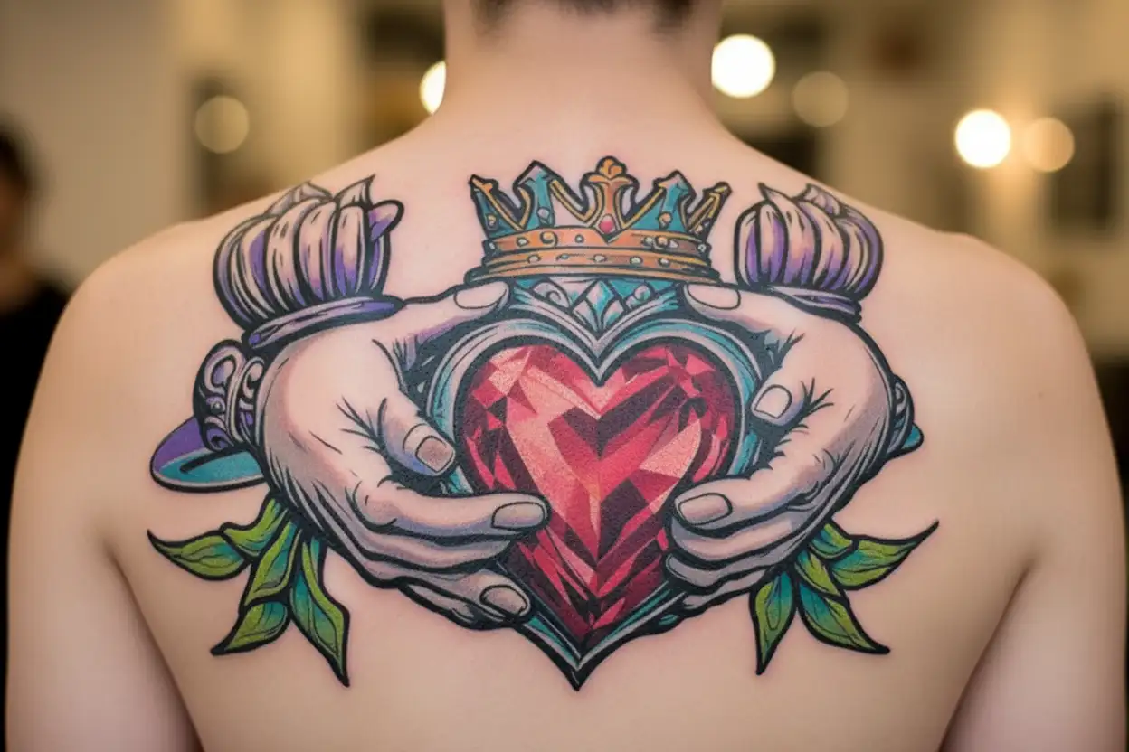 Claddagh ring with the hands holding a red gemstone heart wearing a cool crown tattoo design idea