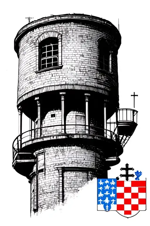 vukovar's water tower with croses at bottom and croatian flag in middle tattoo design idea