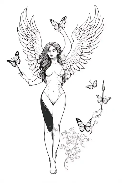 phoenix and woman with half bottom with one hand up and one down with a trident in each hand with butterflies tattoo design idea