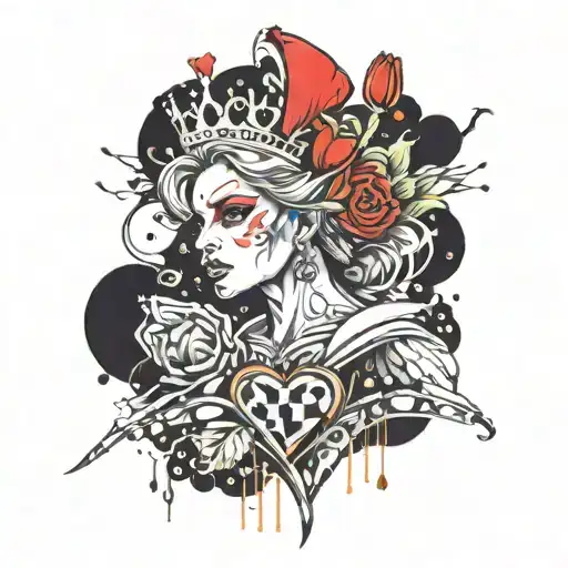 create a tattoo that has a queen of hearts, a bouquet of flowers surrounded by tulips, roses, a damaged Roman pillar, so tattoo design idea