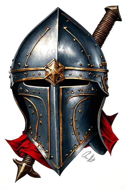 Crusader Helmet with Weapons transformed tattoo design idea