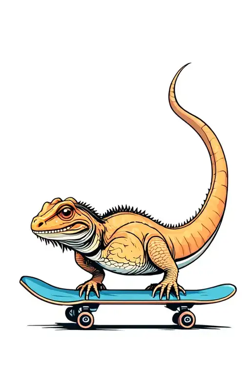 cute Bearded dragon on a skateboard, cartoonish style tattoo design idea