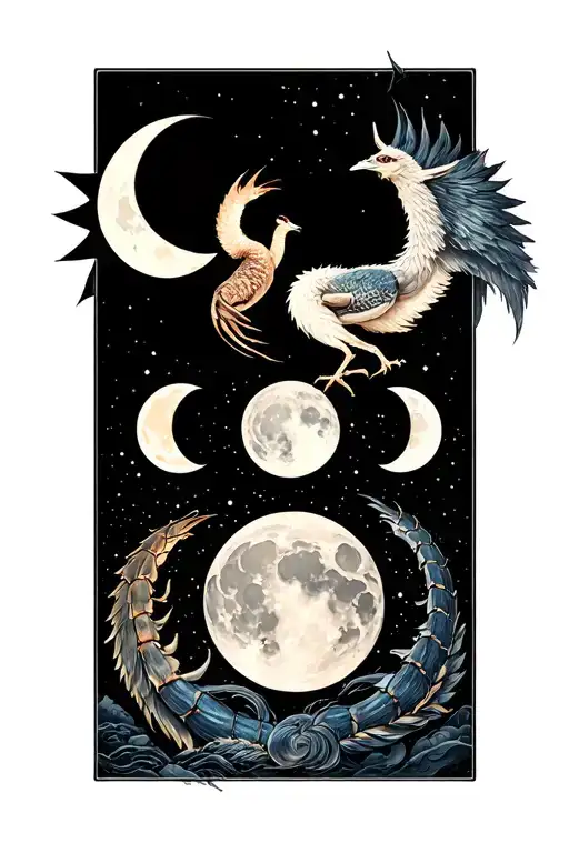 Phoenix, Scorpio sign, and phases of the moon tattoo design idea